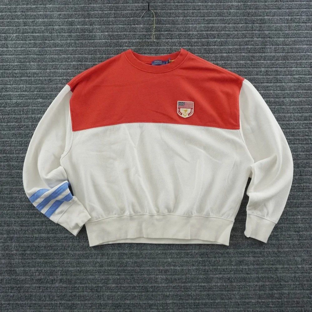 Polo Ralph Lauren Sweatshirt Mens S Red White Colorblock Crest Graphic